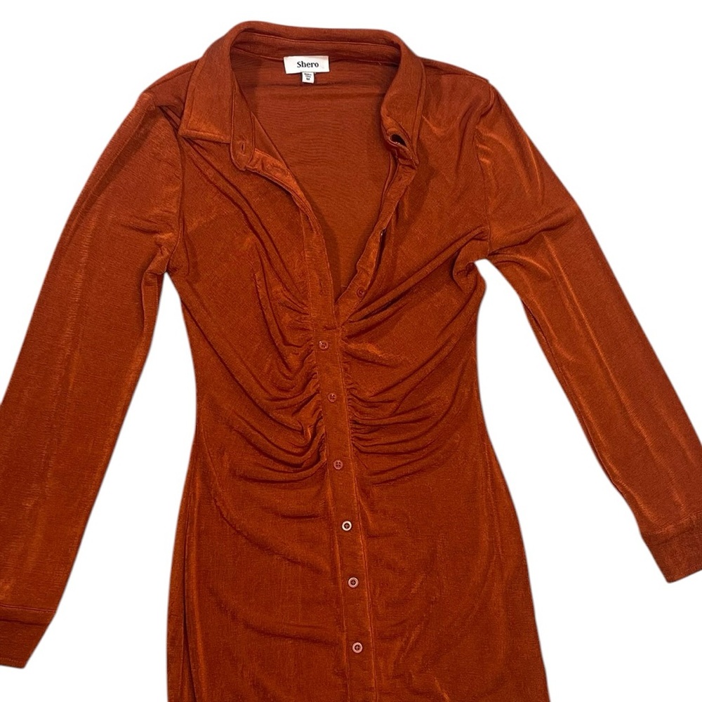 Long-Sleeve Ruched Button-Front Dress — Rust - Picture 2 of 6